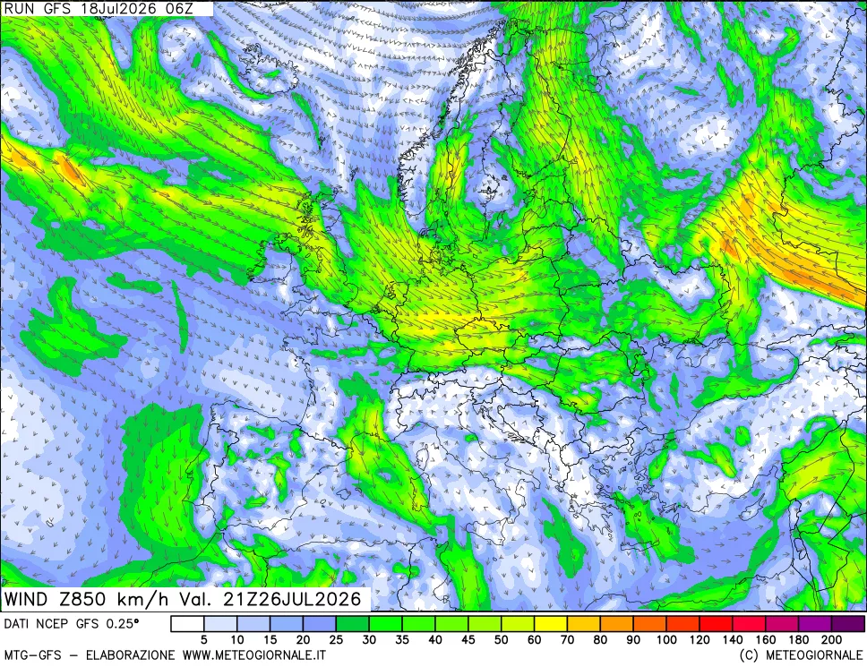 mappa 850 hPa Vento forza e direzione