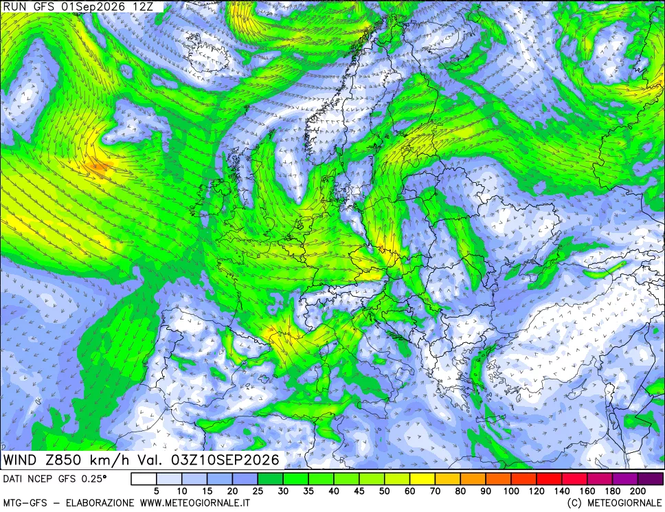 mappa 850 hPa Vento forza e direzione