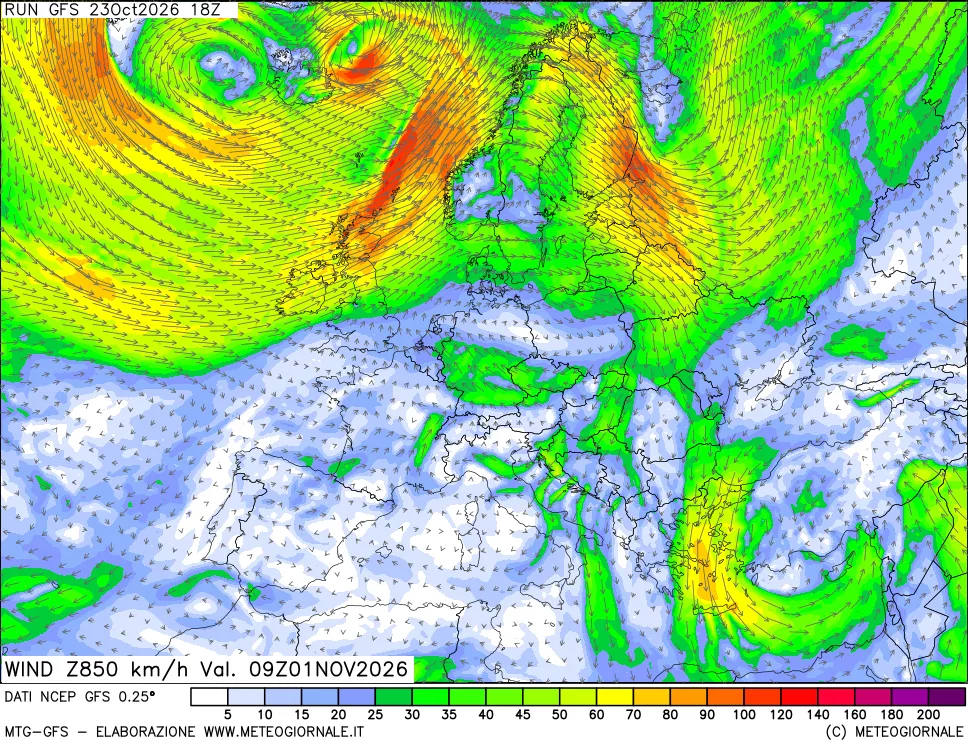 mappa 850 hPa Vento forza e direzione