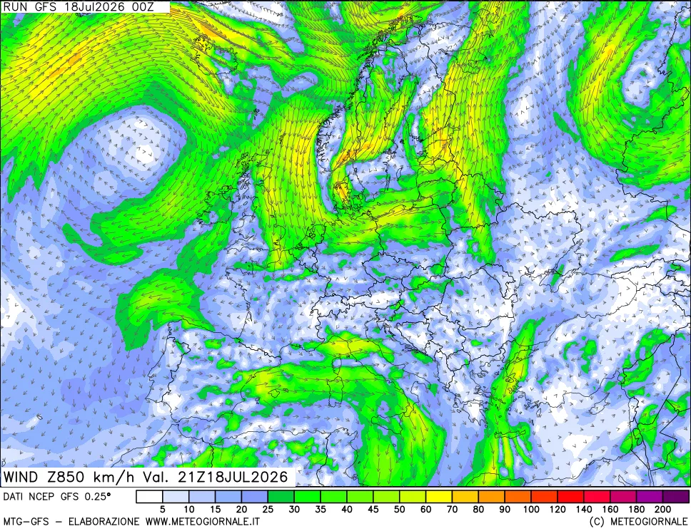 mappa 850 hPa Vento forza e direzione