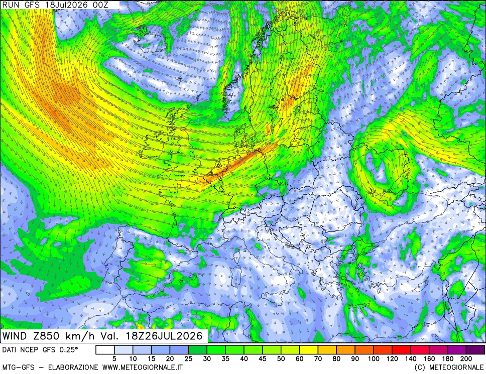 mappa 850 hPa Vento forza e direzione