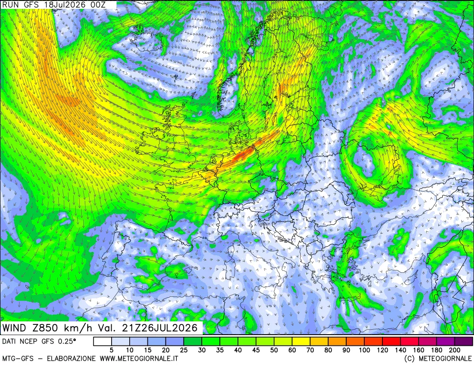 mappa 850 hPa Vento forza e direzione