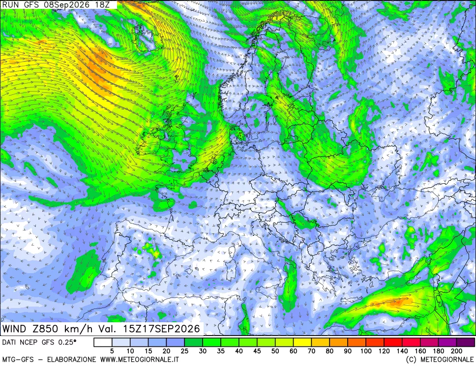 mappa 850 hPa Vento forza e direzione