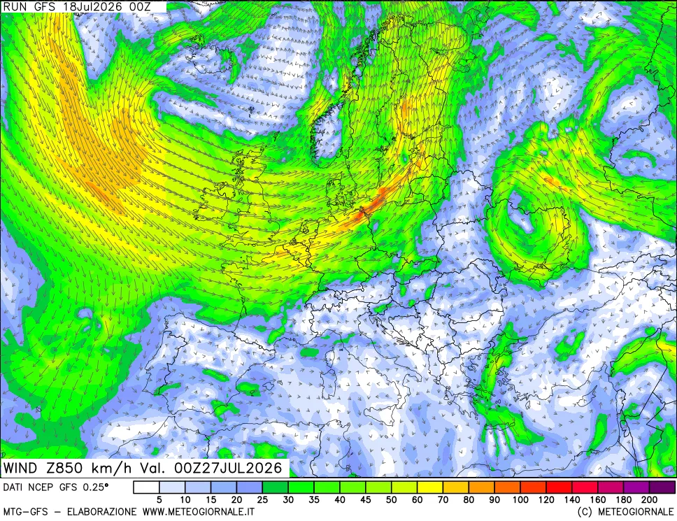 mappa 850 hPa Vento forza e direzione