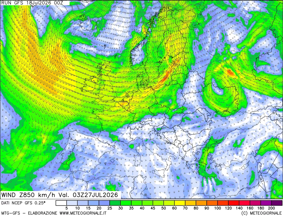 mappa 850 hPa Vento forza e direzione