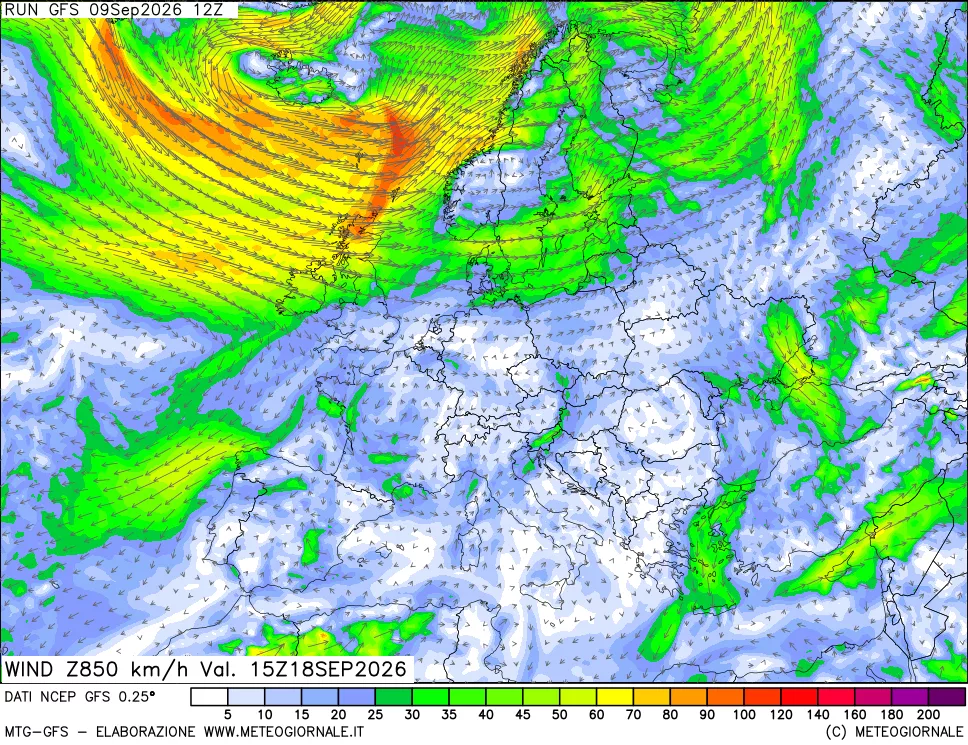 mappa 850 hPa Vento forza e direzione