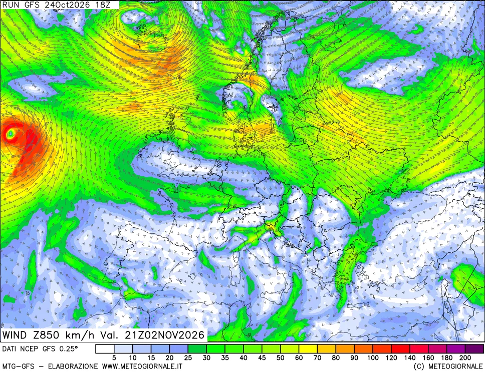 mappa 850 hPa Vento forza e direzione