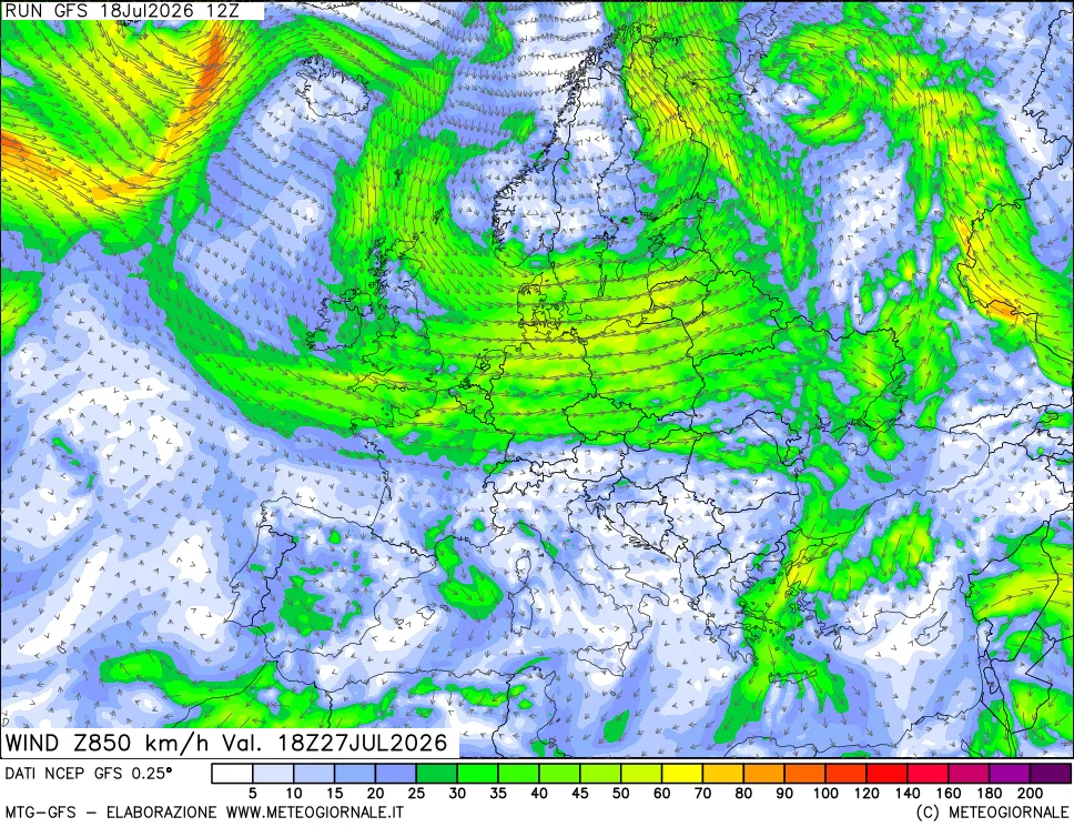 mappa 850 hPa Vento forza e direzione