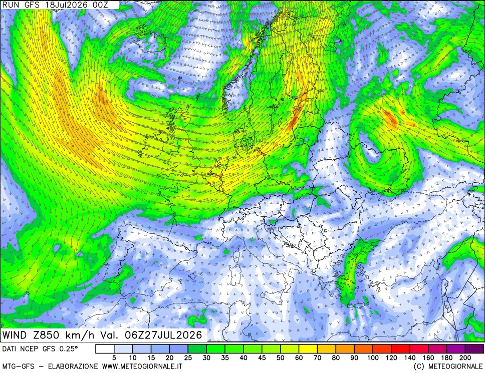 mappa 850 hPa Vento forza e direzione
