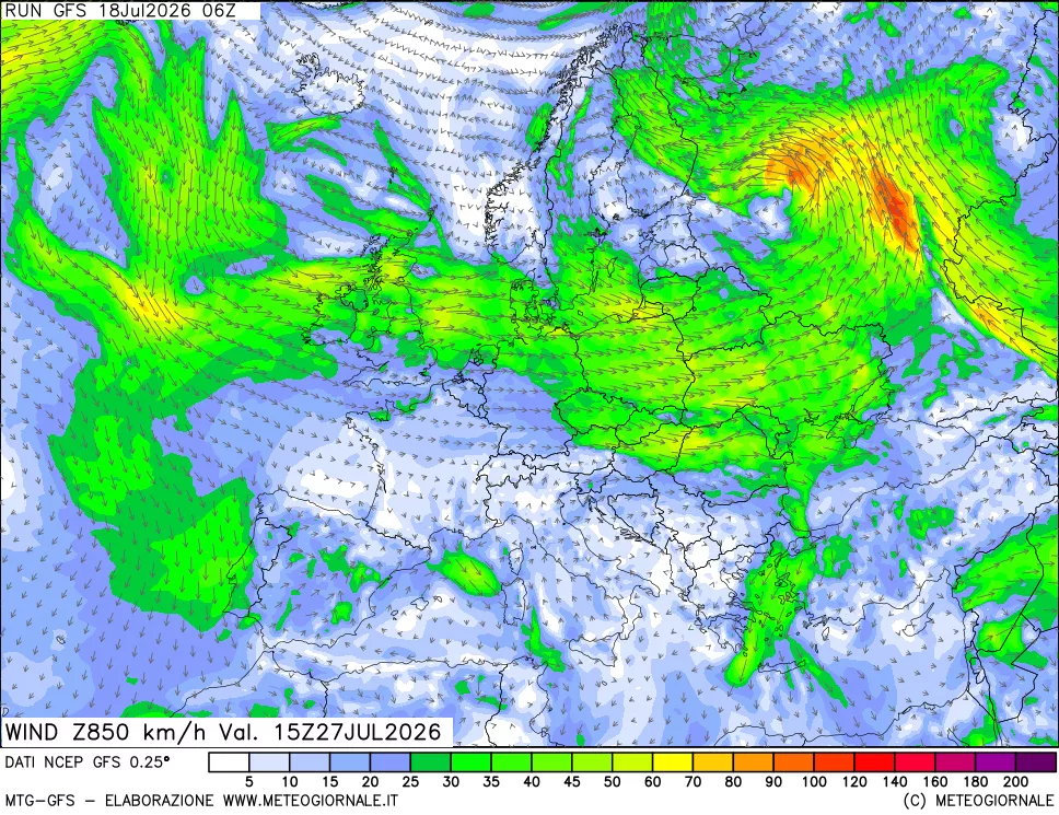 mappa 850 hPa Vento forza e direzione