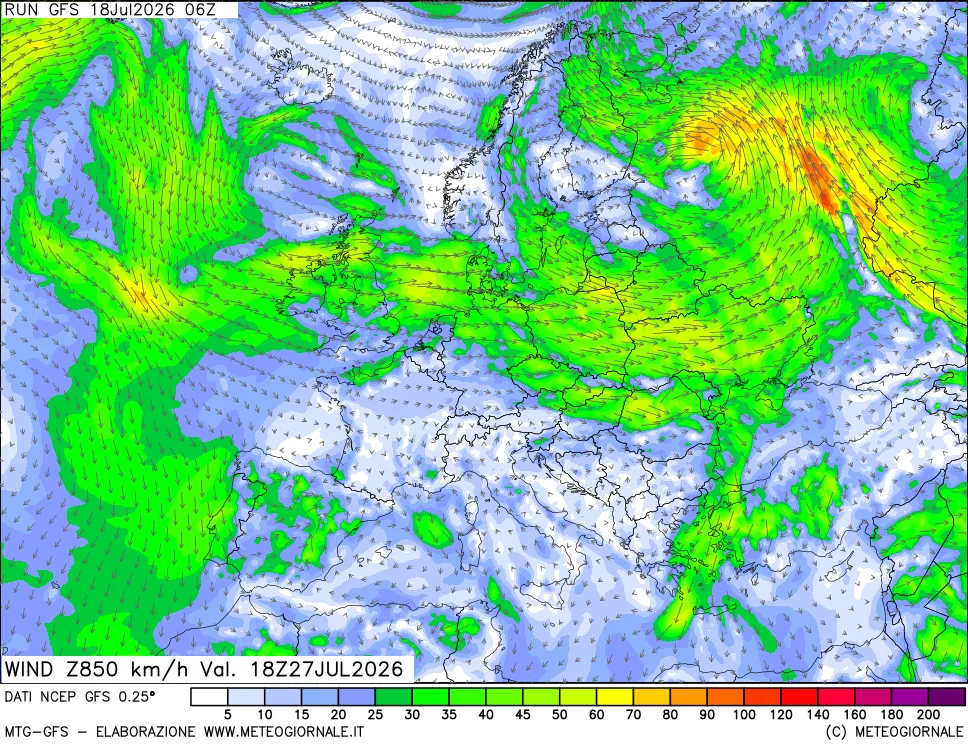 mappa 850 hPa Vento forza e direzione
