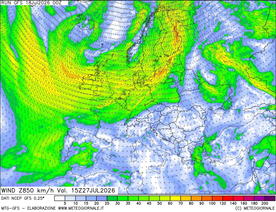 mappa 850 hPa Vento forza e direzione