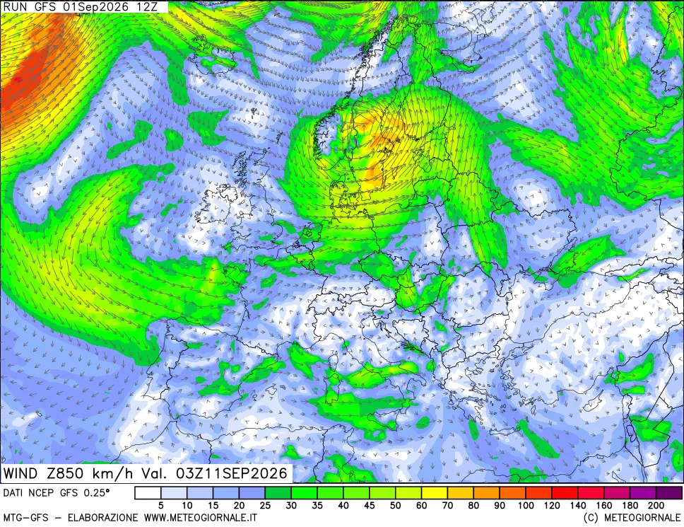 mappa 850 hPa Vento forza e direzione