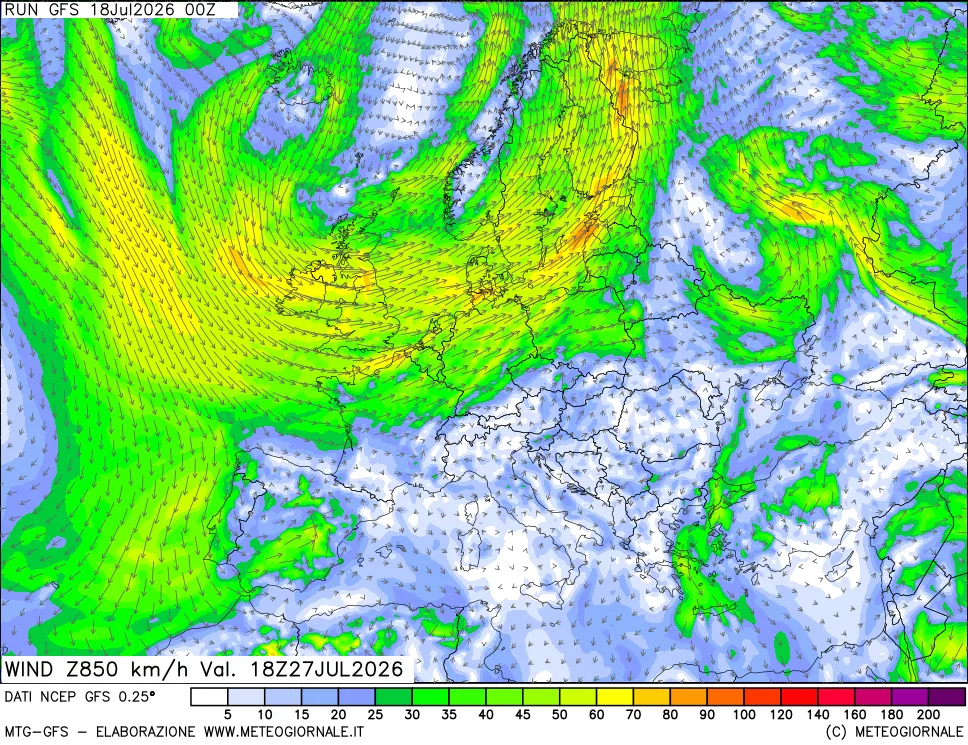 mappa 850 hPa Vento forza e direzione
