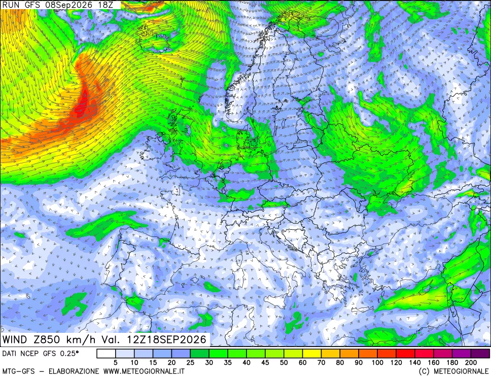 mappa 850 hPa Vento forza e direzione