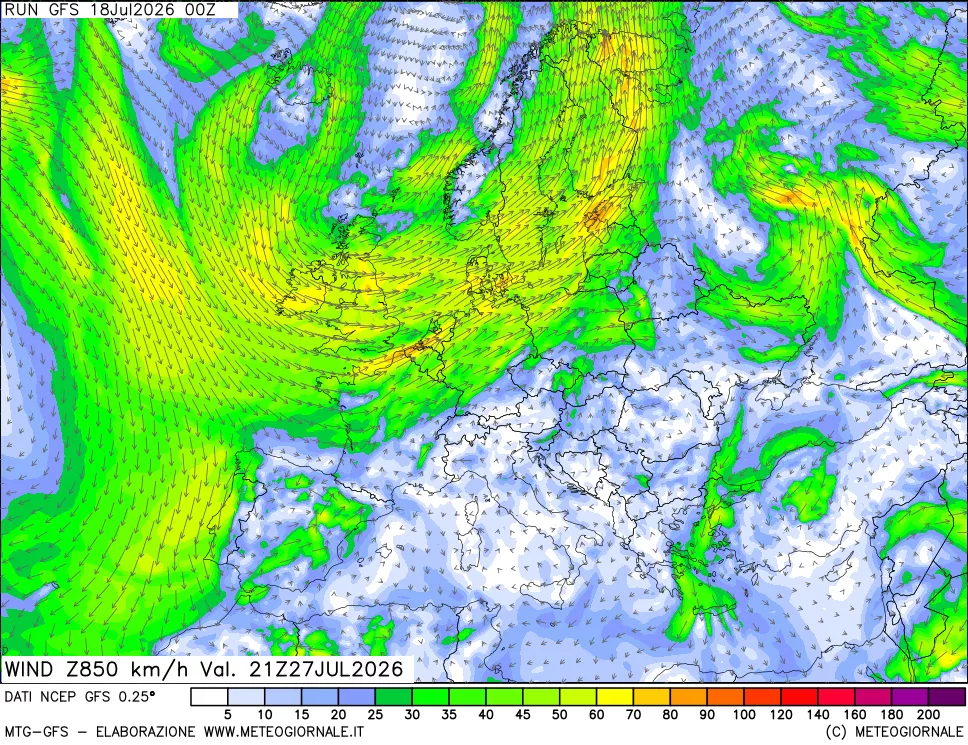 mappa 850 hPa Vento forza e direzione