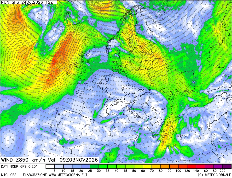 mappa 850 hPa Vento forza e direzione