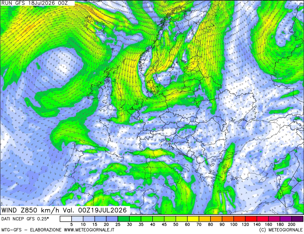 mappa 850 hPa Vento forza e direzione