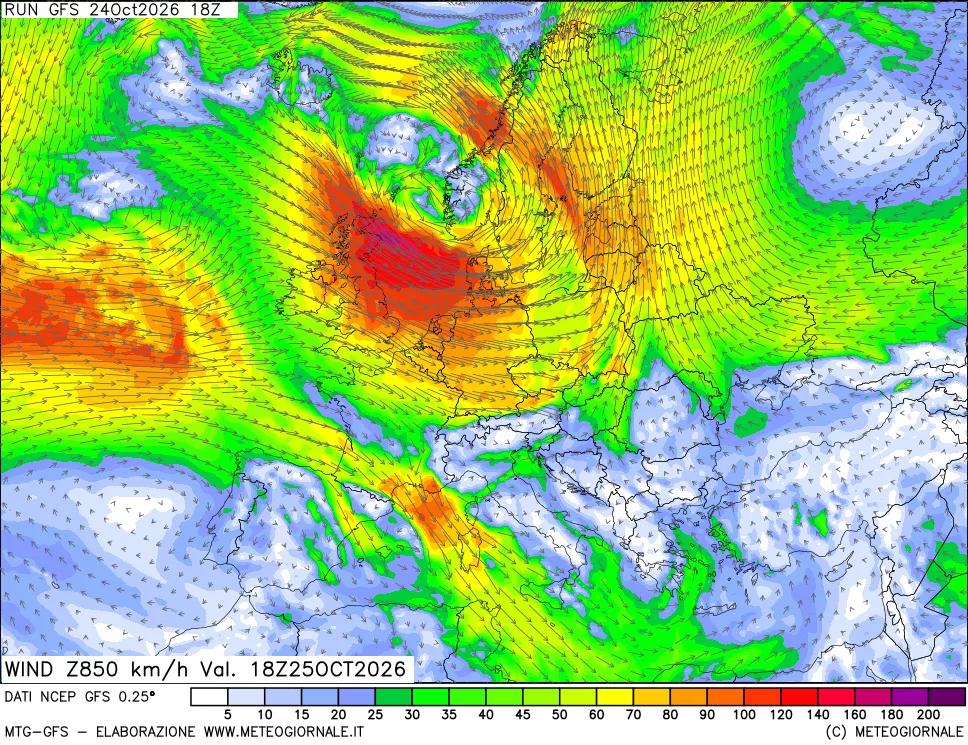 mappa 850 hPa Vento forza e direzione