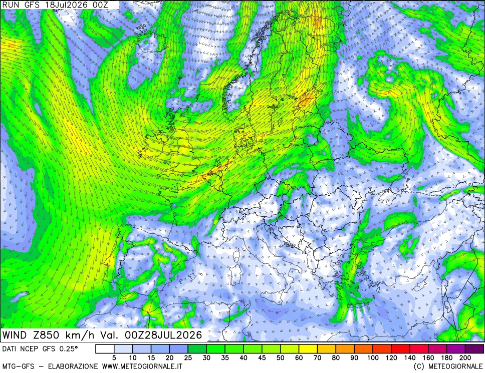 mappa 850 hPa Vento forza e direzione