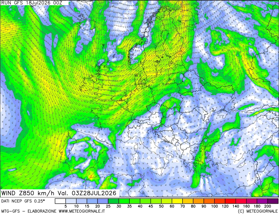 mappa 850 hPa Vento forza e direzione