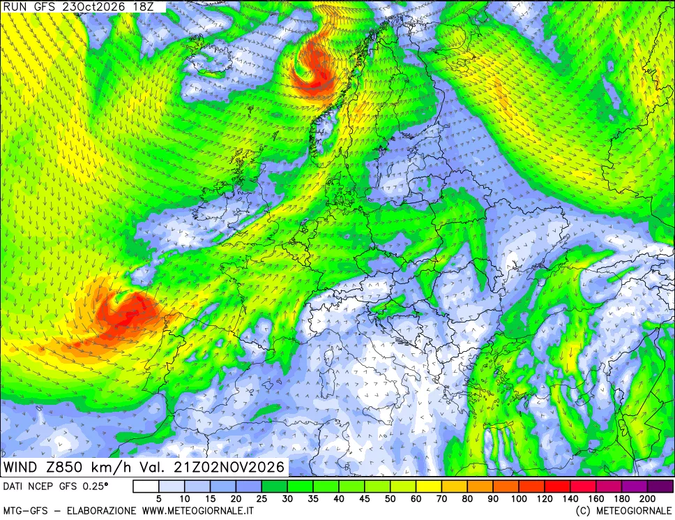 mappa 850 hPa Vento forza e direzione