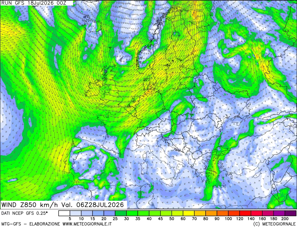 mappa 850 hPa Vento forza e direzione