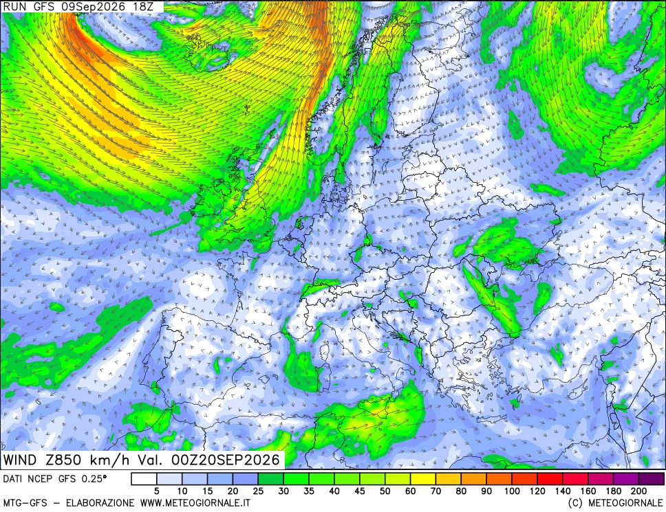 mappa 850 hPa Vento forza e direzione