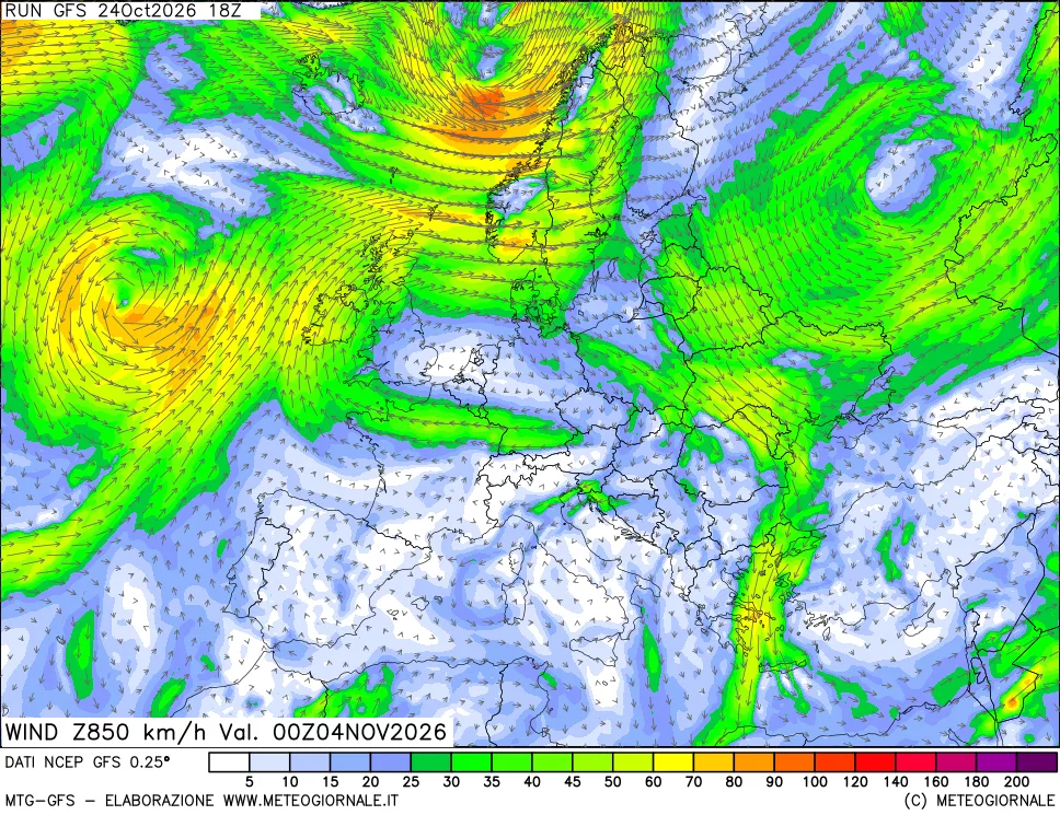 mappa 850 hPa Vento forza e direzione