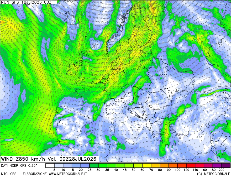 mappa 850 hPa Vento forza e direzione