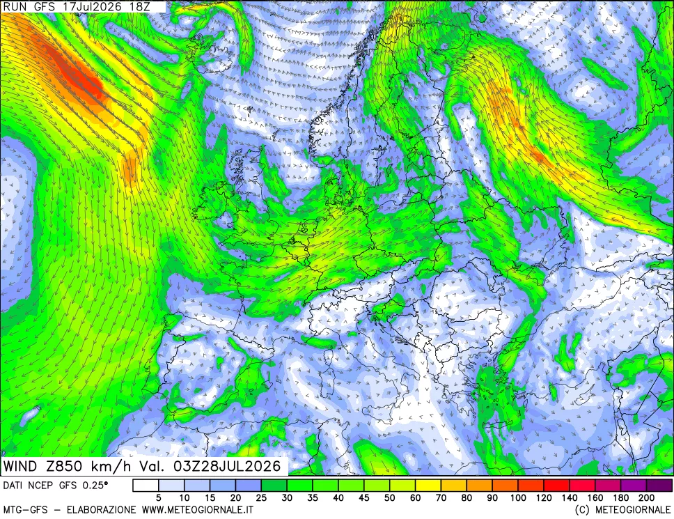 mappa 850 hPa Vento forza e direzione