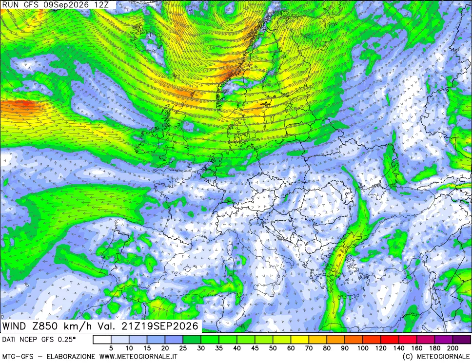 mappa 850 hPa Vento forza e direzione