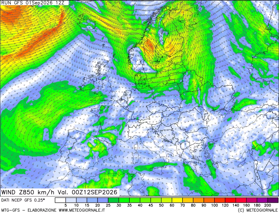 mappa 850 hPa Vento forza e direzione