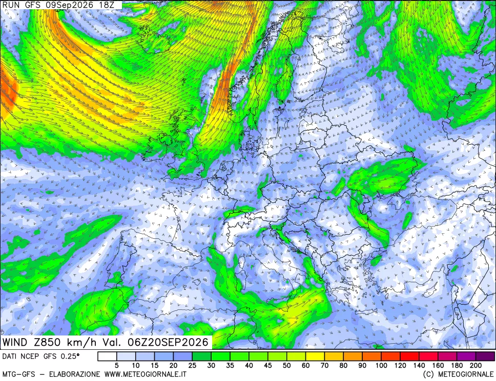 mappa 850 hPa Vento forza e direzione