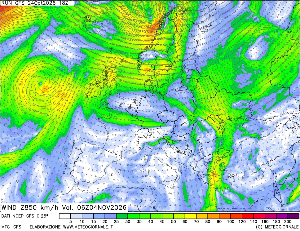 mappa 850 hPa Vento forza e direzione