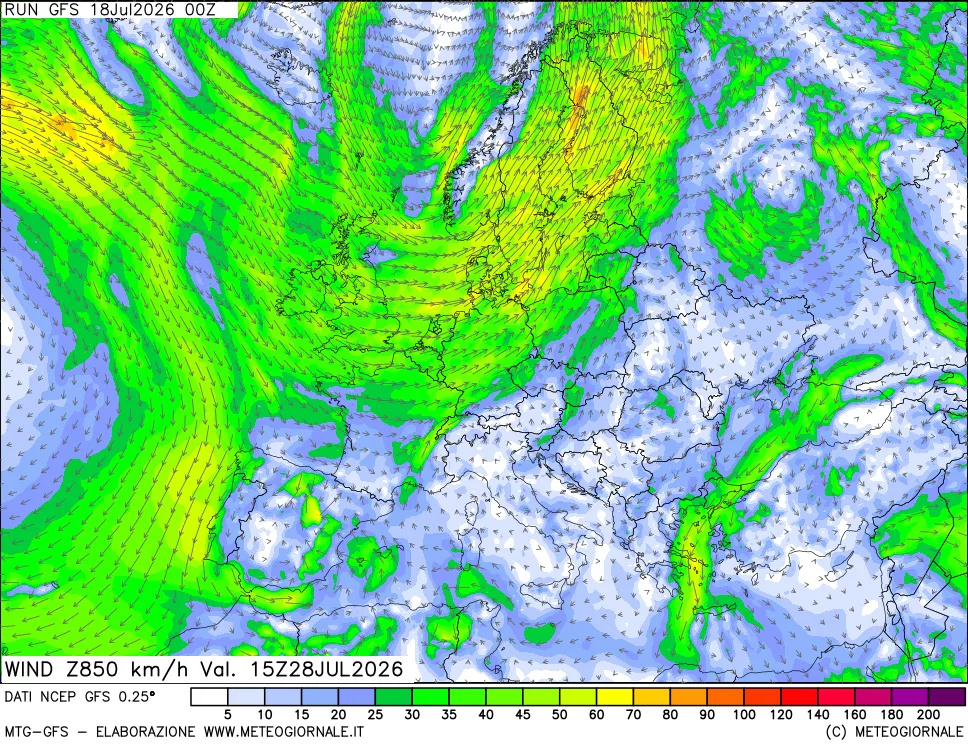 mappa 850 hPa Vento forza e direzione