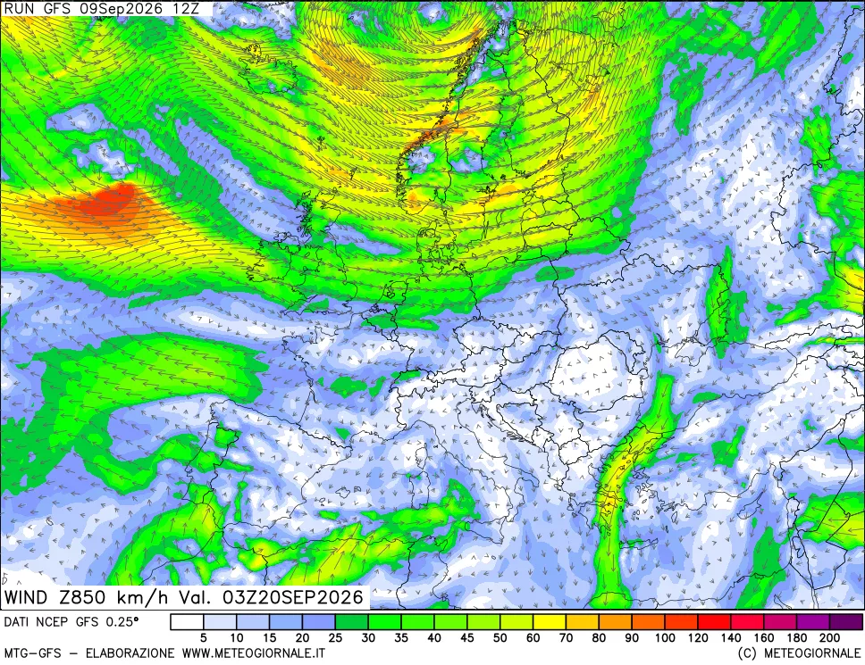 mappa 850 hPa Vento forza e direzione