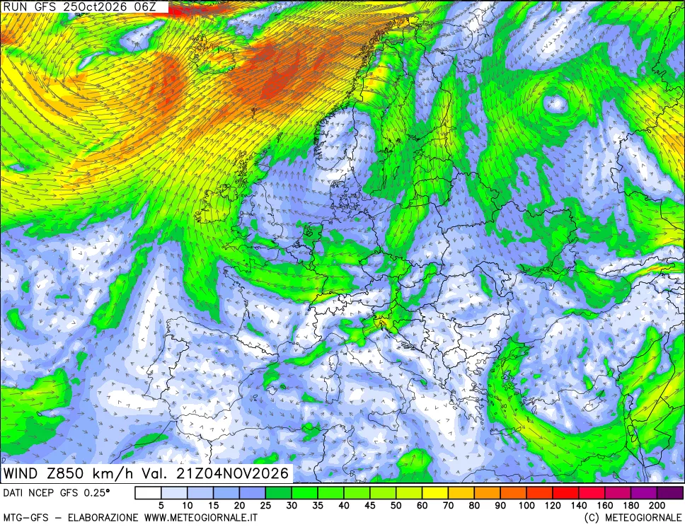 mappa 850 hPa Vento forza e direzione