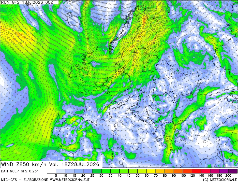 mappa 850 hPa Vento forza e direzione