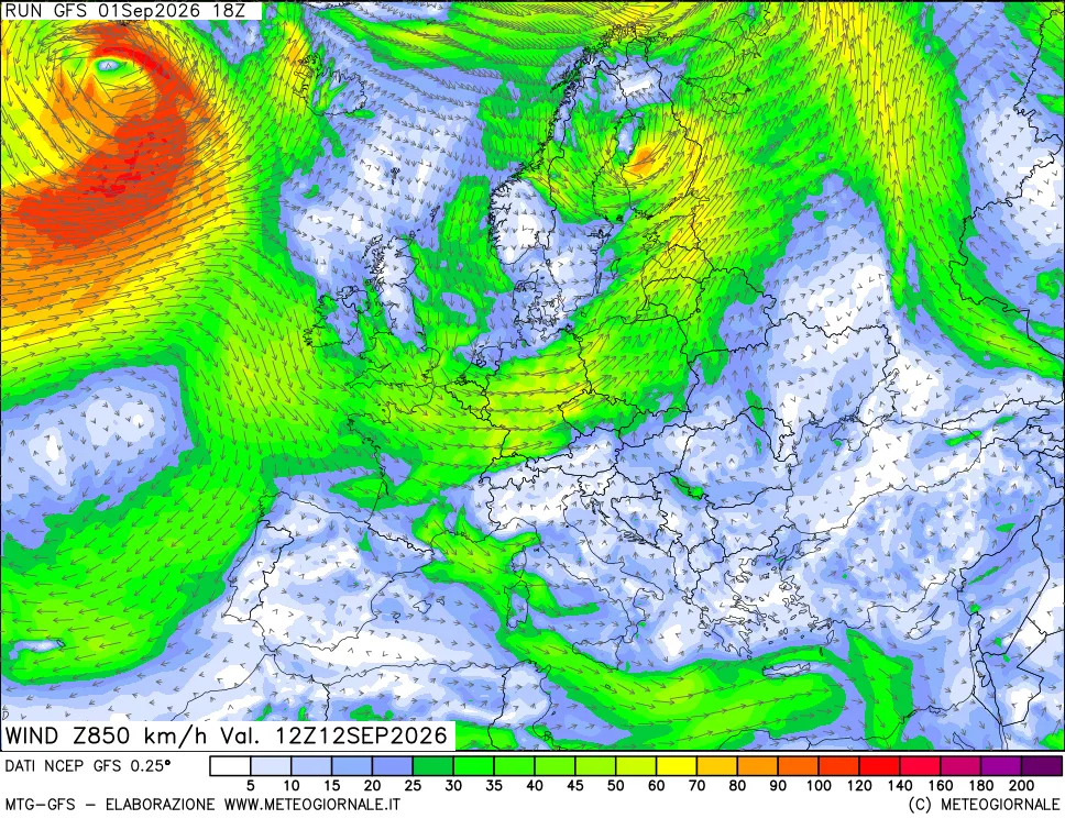 mappa 850 hPa Vento forza e direzione