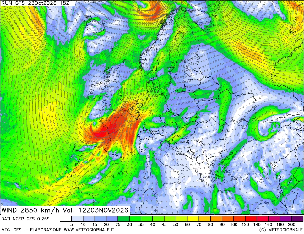 mappa 850 hPa Vento forza e direzione