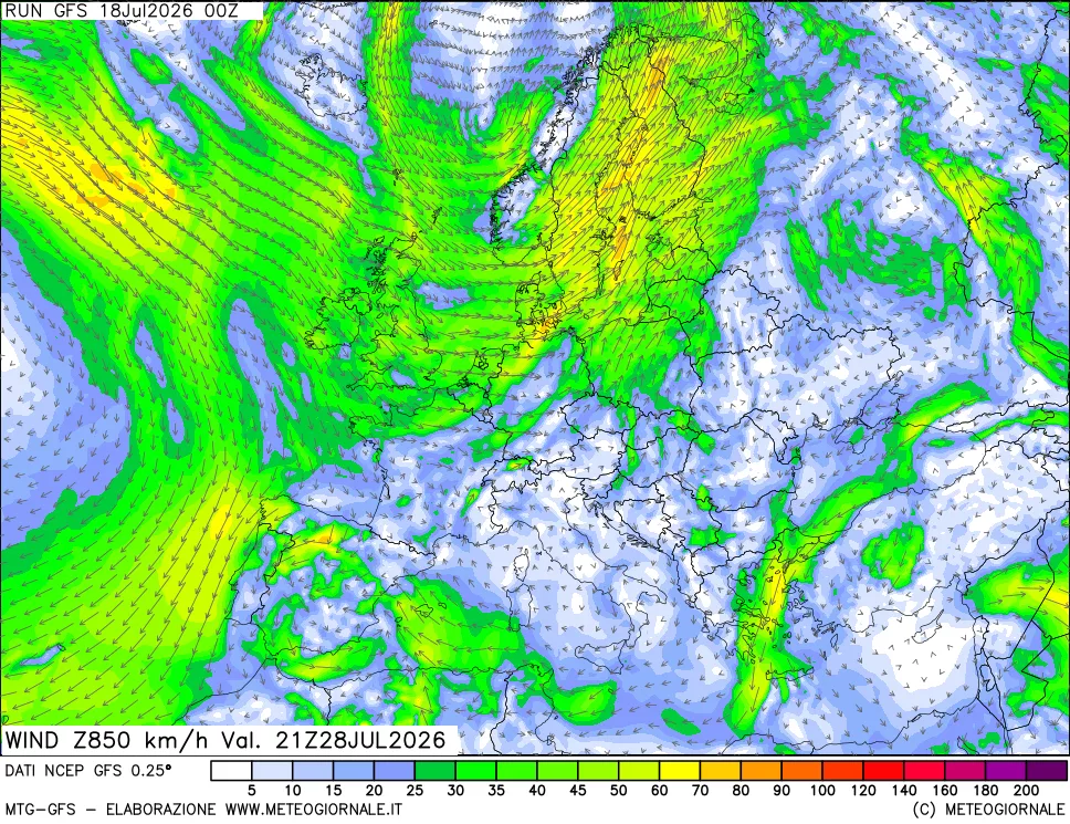 mappa 850 hPa Vento forza e direzione
