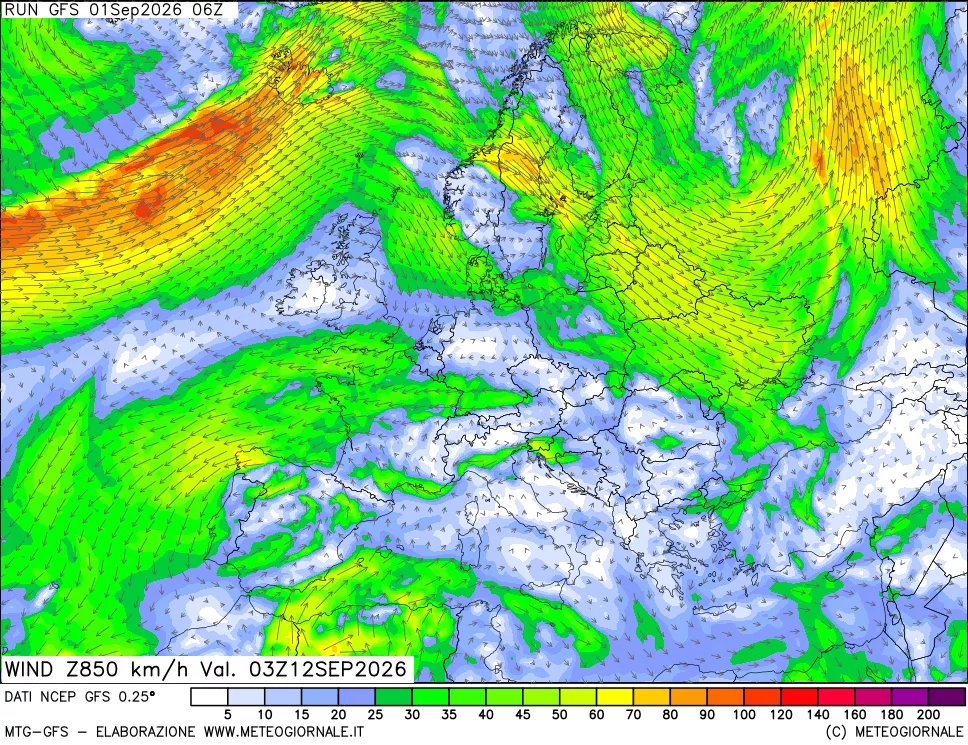 mappa 850 hPa Vento forza e direzione