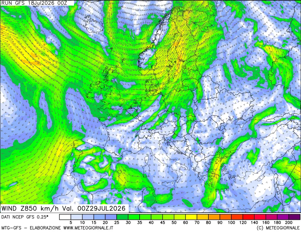 mappa 850 hPa Vento forza e direzione