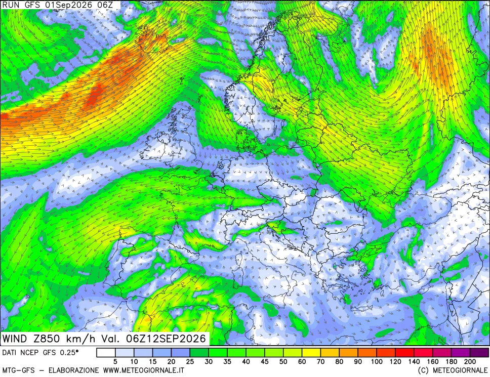 mappa 850 hPa Vento forza e direzione