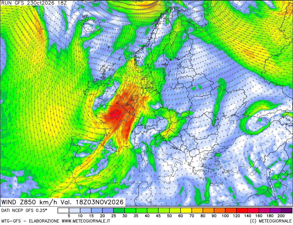 mappa 850 hPa Vento forza e direzione