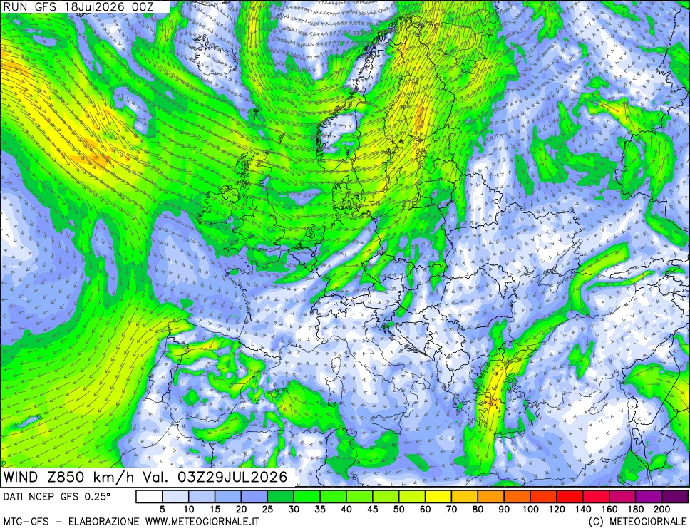 mappa 850 hPa Vento forza e direzione