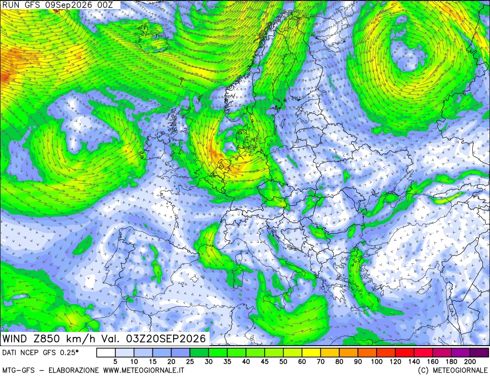 mappa 850 hPa Vento forza e direzione