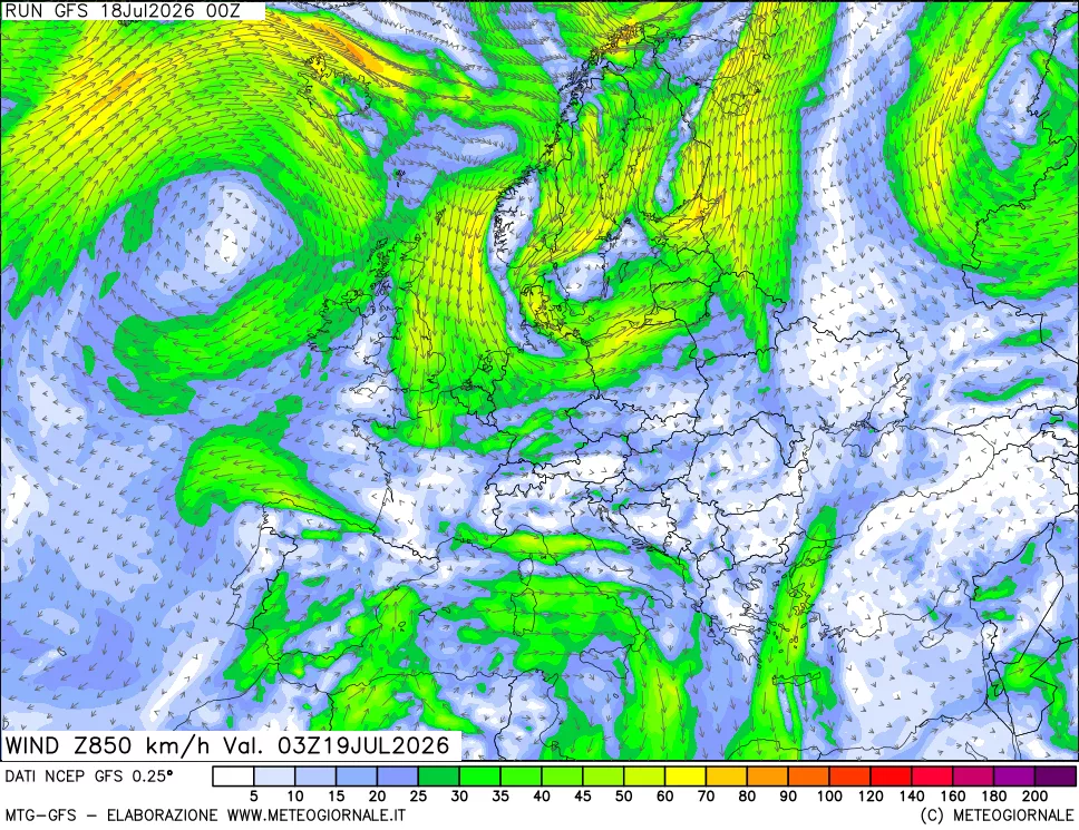 mappa 850 hPa Vento forza e direzione