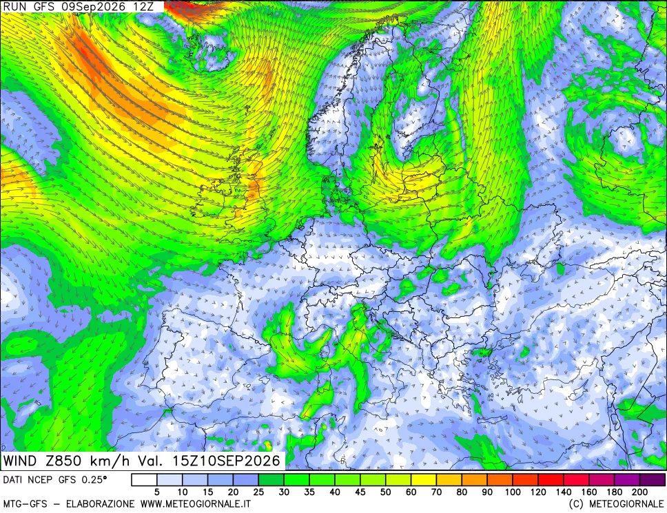 mappa 850 hPa Vento forza e direzione